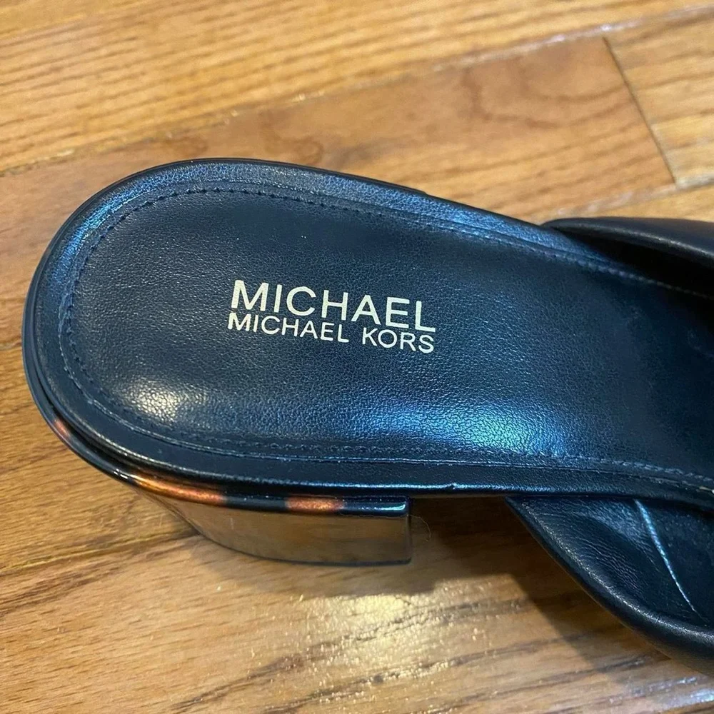 Michael Kors Black Leather Knot‎ Mule Sandals Tortoise Block Heel Women's 9